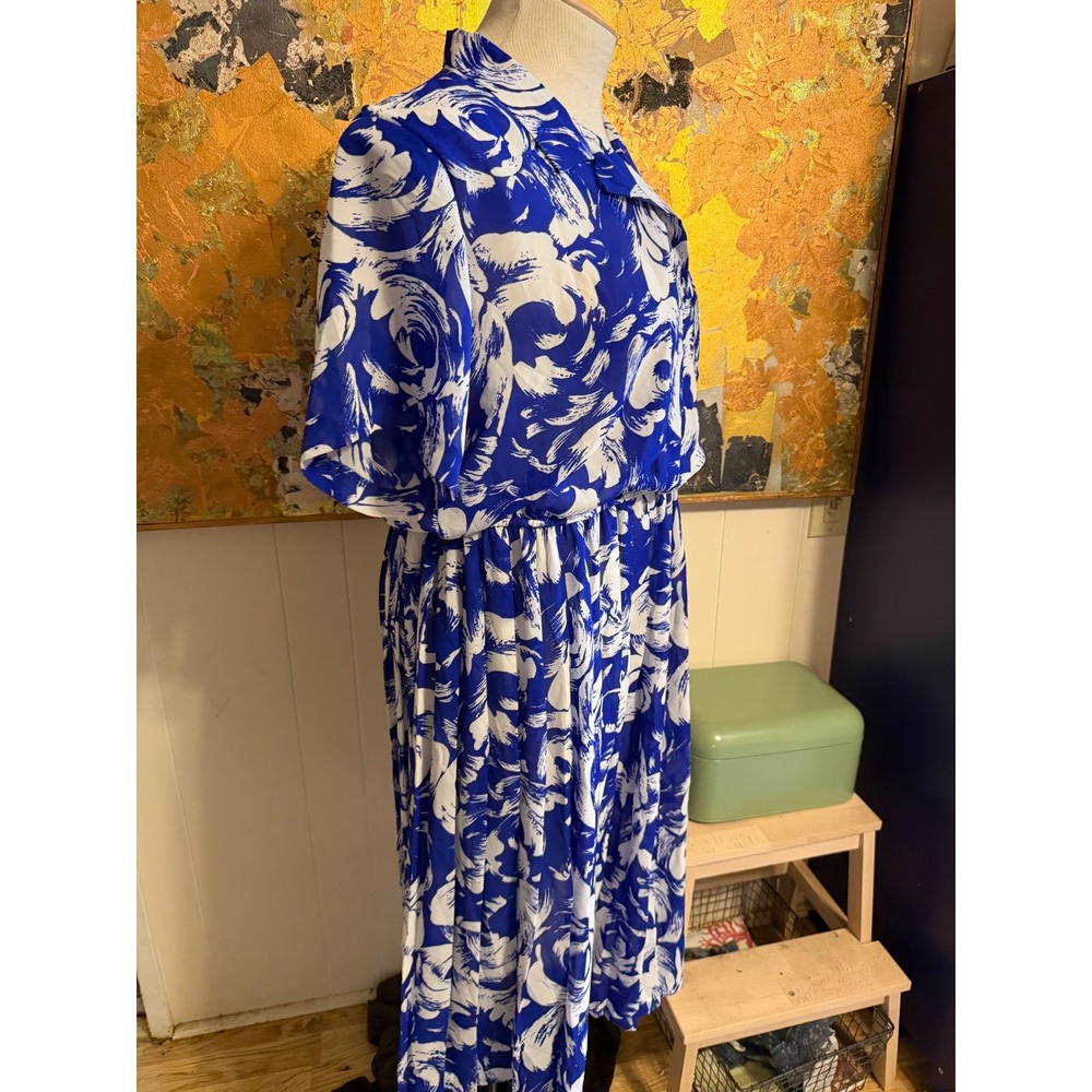 Vintage Lorac Original Lady Carol Blue White Abstract Swirl Midi Dress  XXL